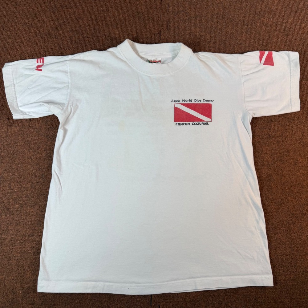 Vintage Aqua World Dive Center Cancun Cozumel Scuba T-Shirt White Large 90s 2892